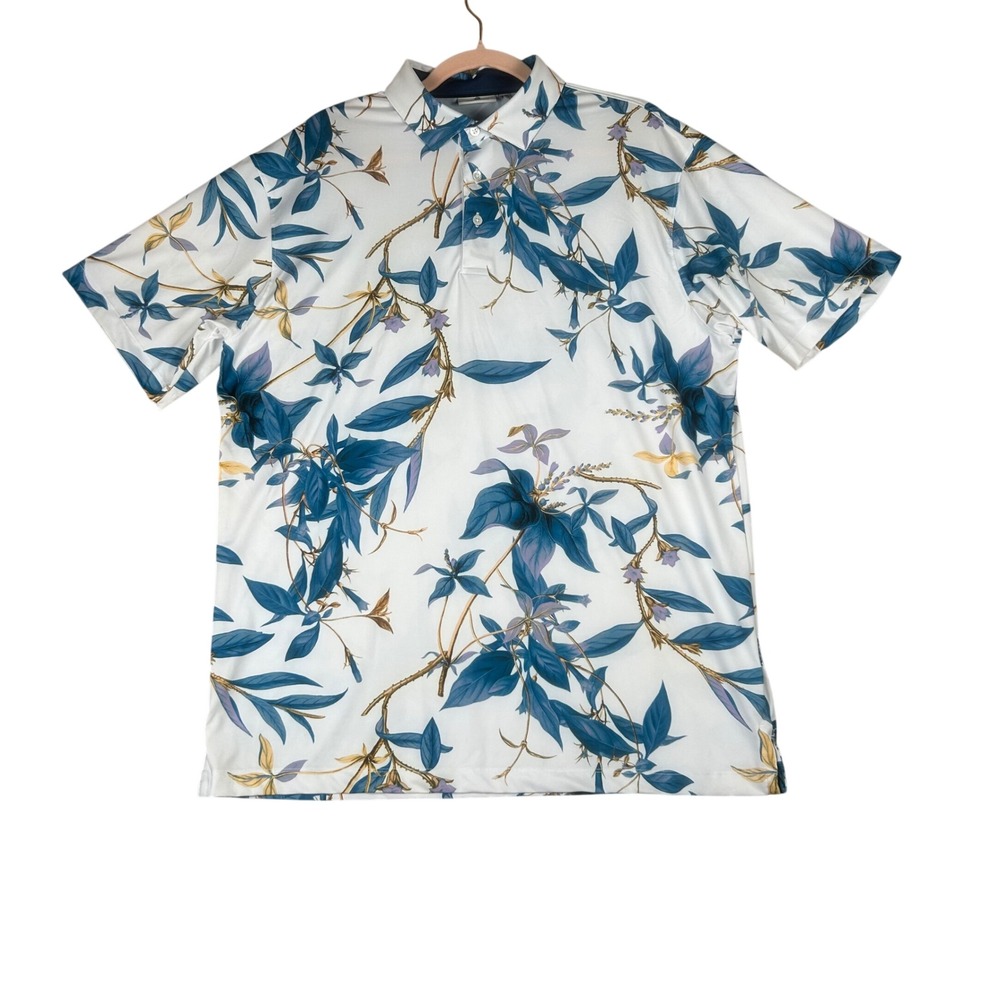 Devereux Mens Floral Golf Polo Shirt‎ Blue White Tropical Large Casual Preppy